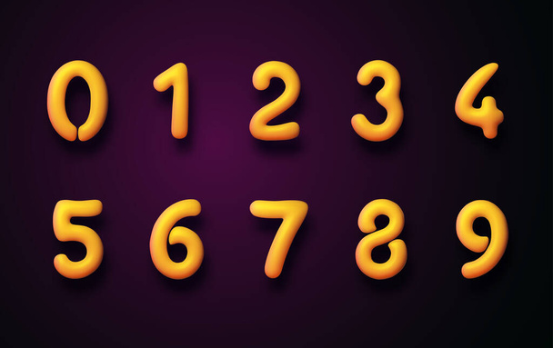 Set of isolated 3d yellow balloon numbers on dark violet background. Vector illustration. - Вектор, зображення