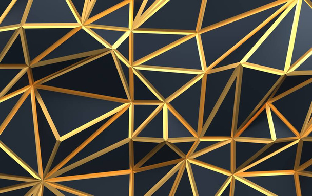 Фон с треугольными геометрическими фигурами, пирамиды в темных тонах с золотыми акцентами, 3D рендеринг - Фото, изображение