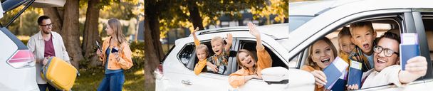 Коллаж семьи с детьми, машущими руками и показывающими паспорта с билетами в машине, баннер  - Фото, изображение