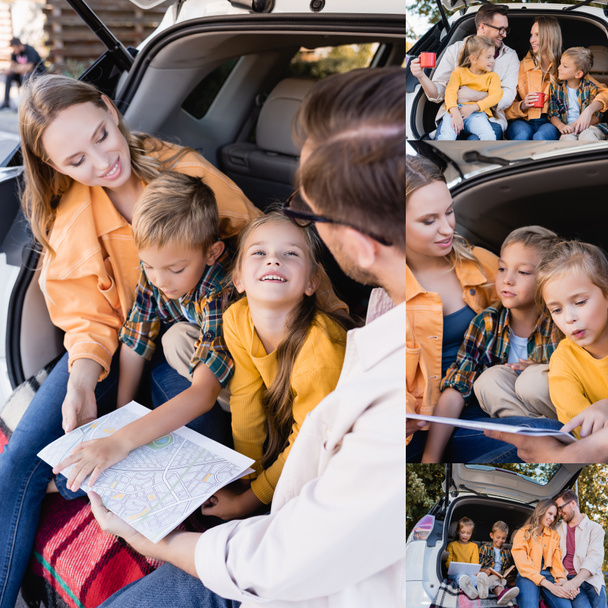 笑顔の家族のコラージュ車のトランクに地図、カップやデジタルタブレットを保持  - 写真・画像