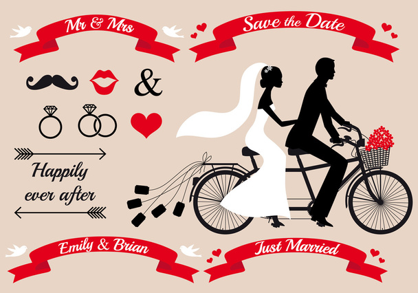 タンデム自転車のカップルを結婚式、ベクトルを設定 - ベクター画像