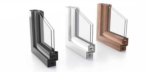 Telai in alluminio doppio profilo vetro isolato su sfondo bianco. Finestre e porte in PVC o legno dettaglio sezione trasversale. Illustrazione 3D - Foto, immagini