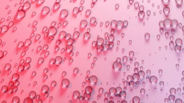 Shiny clear droplets on a pastel pink surface. Fresh, feminine concept background. Digital 3D render. - Photo, image