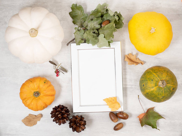 Empty photo frame on autumn background with decorative pumpkins - Zdjęcie, obraz
