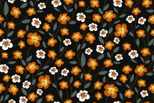 Seamless pattern with flower branches, leaves on a dark background. Elegant floral print. Beautiful Botanical texture, template for fabric, clothing design, wrapping paper...Vector illustration. - Вектор,изображение
