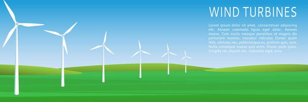 Экологический фон с ветряными мельницами, зелеными холмами и синим небом. Ландшафтный флаг ветропарка для презентаций, веб-сайтов и инфографики. Плоский стиль. Вектор. Пространство для текста - Вектор,изображение