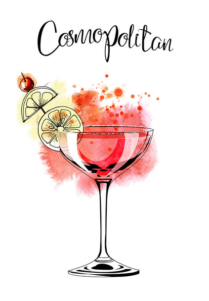 Cosmopolitan. Cocktails banner. Watercolor vector cocktails.  - Vecteur, image