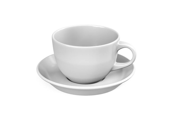Bílý porcelán pohár a talíř izolované na bílém pozadí - 3d vykreslení - Fotografie, Obrázek