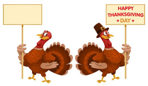 Une dinde tient une bannière vierge et une autre une bannière Happy Thanksgiving Day. Illustration vectorielle de style dessin animé. Les éléments sont regroupés. Aucun objet transparent. Isolé sur blanc. - Vecteur, image