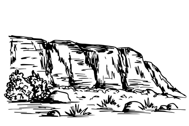 Käsin piirretty vektori piirustus kaiverrus tyyliin. Rocky Mountain maisema. Aavikkoalue, erämaa. Luonto, matkailu, matkailu. - Vektori, kuva