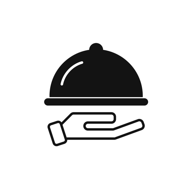 Ikone des Essens. Zeichen der Hand des Kellners mit schwarzem Tablett. Kellner servieren. Isoliertes Symbol auf weißem Hintergrund. - Vektor, Bild