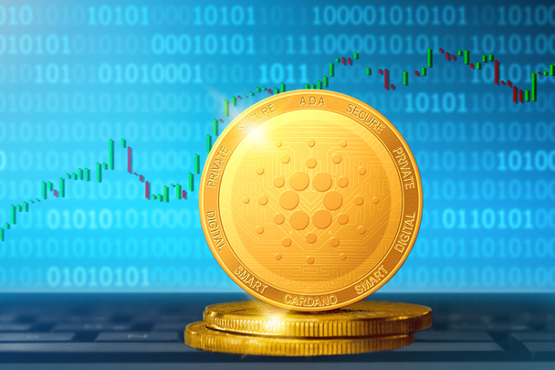 Кардано криптовалюта; Кардано ADA золотая монета на фоне графика. 3d иллюстрация - Фото, изображение