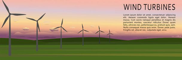 Silhouetten van windturbines bij zonsondergang of zonsopgang. Landschap windpark banner voor presentaties, websites en infographics. Vlakke stijl. Vector. Ruimte voor tekst - Vector, afbeelding