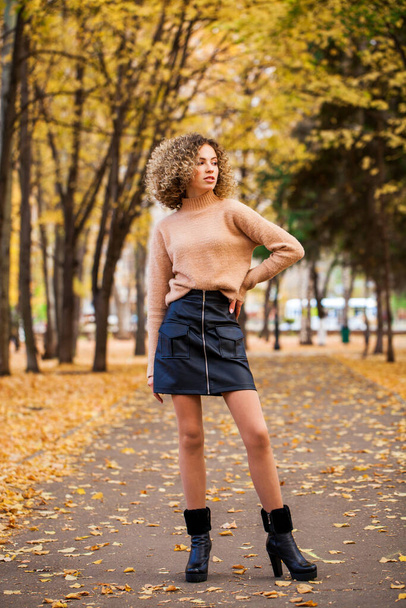 Hairstyle curly hair, portrait of a young beautiful girl in beige sweater and black skirt - Foto, afbeelding