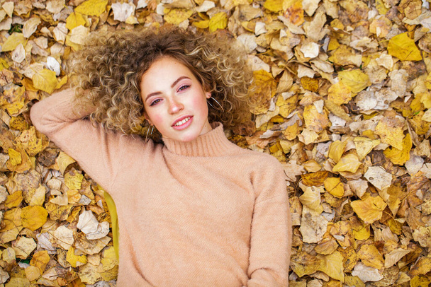 Top view, Portrait of a beautiful young woman on the background of autumn yellow leaves, outdoors - Fotografie, Obrázek