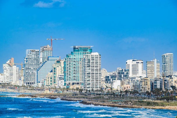 Sunny day aerial view cityscape of tel aviv city, israel - 写真・画像