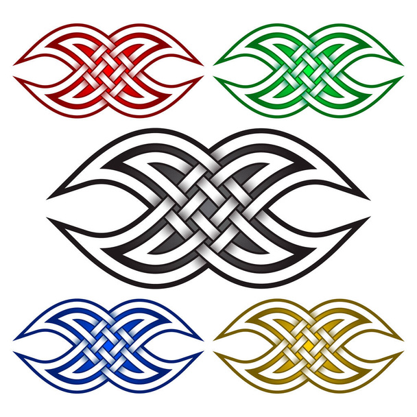 Przecinające się fale tworzą symbol logo w stylu celtyckim. Symbol plemiennego tatuażu. Srebrny znaczek na biżuterię i próbki innych kolorów. - Wektor, obraz