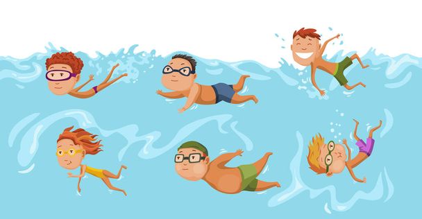 子供たちはプールで泳いでいる。明るく活発な小さな男の子と女の子がプールで泳いでいます。水着の男の子と女の子は子供用プールで泳いでいます。水中の景色。スポーツチーム - ベクター画像