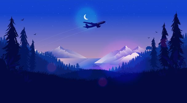 Flugzeug am Nachthimmel - Flugzeug fliegt nachts über eine nördliche Landschaft mit Halbmond, Bergen, Meer und Wald. Reisen, Urlaub, weit weg. Vektorillustration. - Vektor, Bild