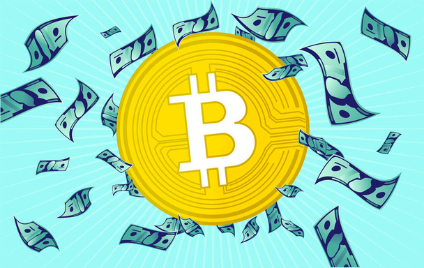 Preisillustration Bitcoin - Große Kryptowährung Münze umgeben von Geld, das überall hin fliegt. Preiswachstum und Wertsteigerungskonzept. Vektor. - Vektor, Bild