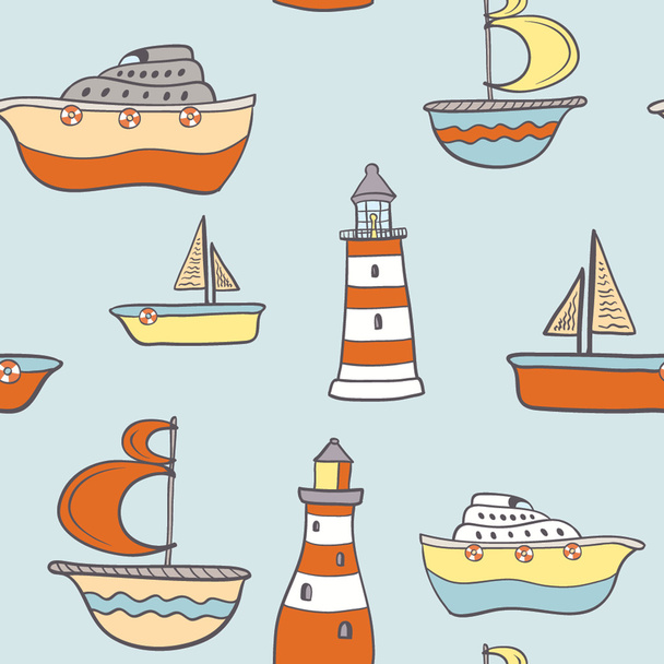 Cute childish seamless background with ships, boats and lighthou - Vector, imagen