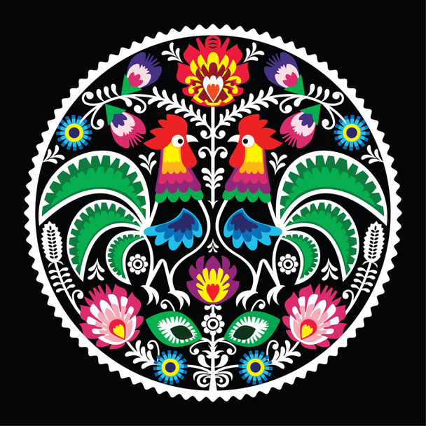 Polish floral embroidery with roosters - traditional folk pattern - Vector, Image