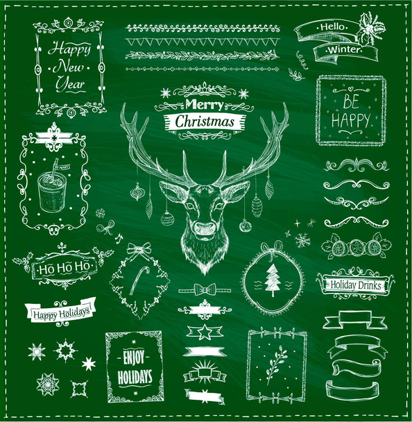 Chalk hand drawn Christmas and New Year sketch elements on green board. Doodle graphic line elements - deer, ribbons, frames, dividers and phrases. Retro style vector illustration - Vector, imagen
