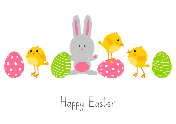 Easter eggs with cute chickens and rabbits - Vector, Image
