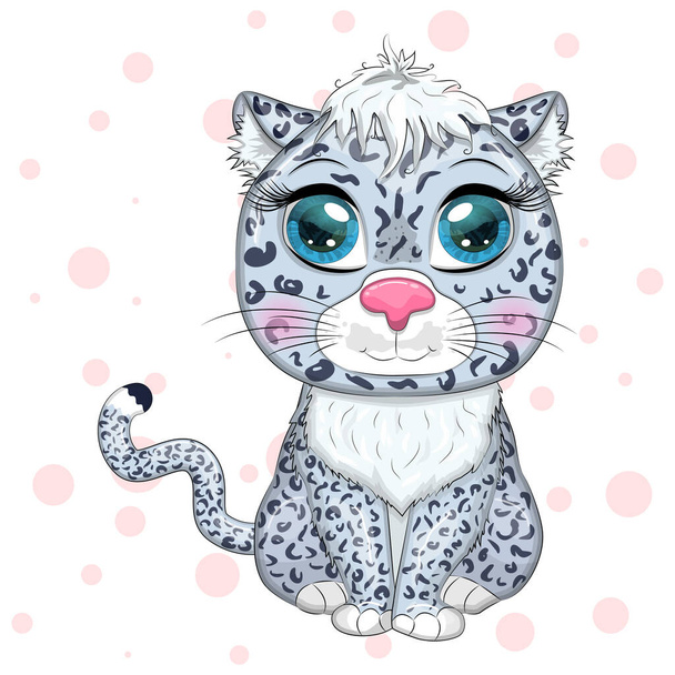 Cartoon snow leopard with expressive eyes. Wild animals, character, childish cute style - Vektor, obrázek