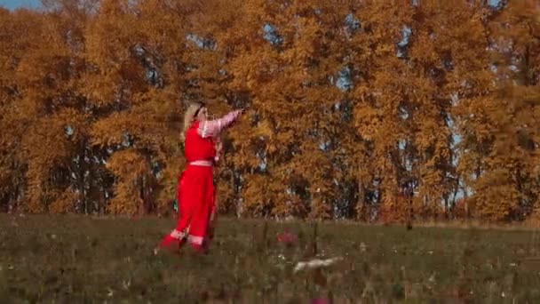 Militant concept op een herfstveld - pittige blonde vrouw in rode jurk trainen van haar zwaardspel - Video