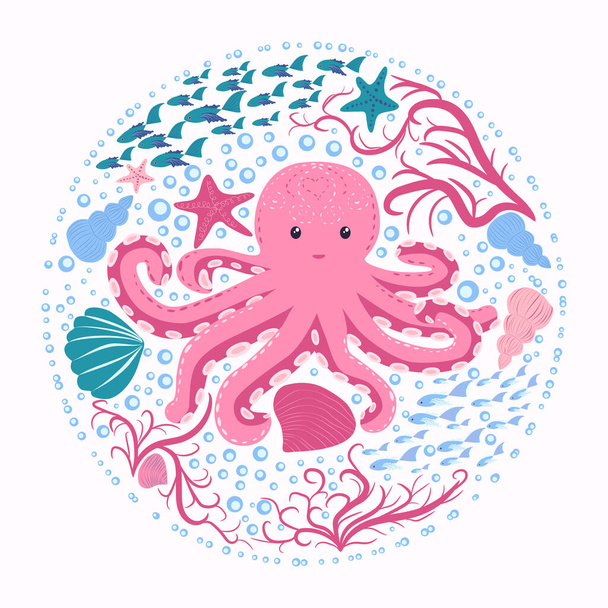 Happy Pink Octopus Cartoon Mascot Character. Marine inhabitants, Scandinavian style, hand drawn - Vektor, Bild