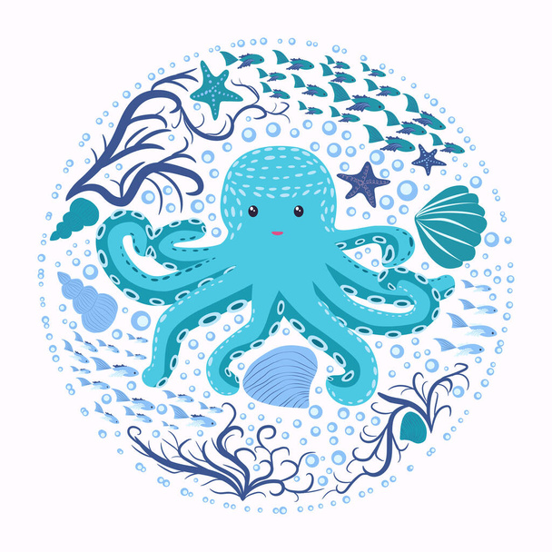 Happy Turquoise Octopus Cartoon Mascot Character. Marine inhabitants, Scandinavian style, hand drawn - Vektor, Bild