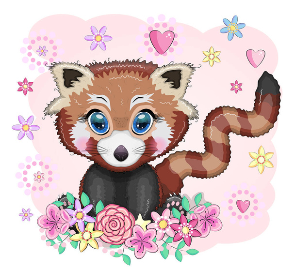 Piros panda, aranyos karakter gyönyörű szemekkel, fényes gyerekes stílusban. Ritka állatok, piros könyv, macska, medve. - Vektor, kép