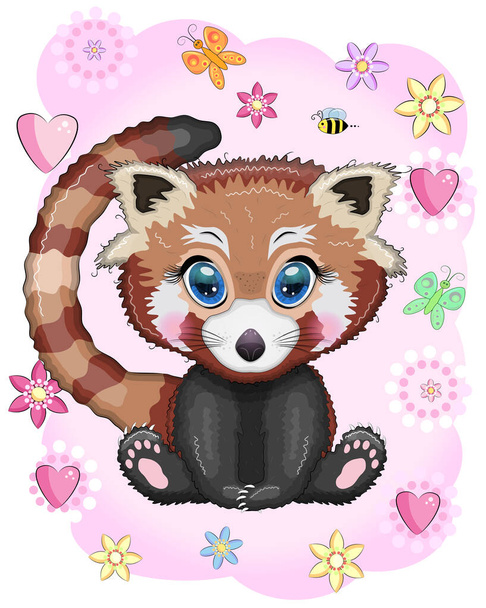 Red panda, cute character with beautiful eyes, bright childish style. Rare animals, red book, cat, bear. - Vector, afbeelding