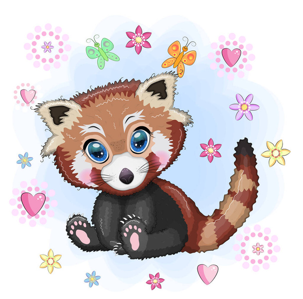 Red panda, cute character with beautiful eyes, bright childish style. Rare animals, red book, cat, bear. - Vector, Imagen