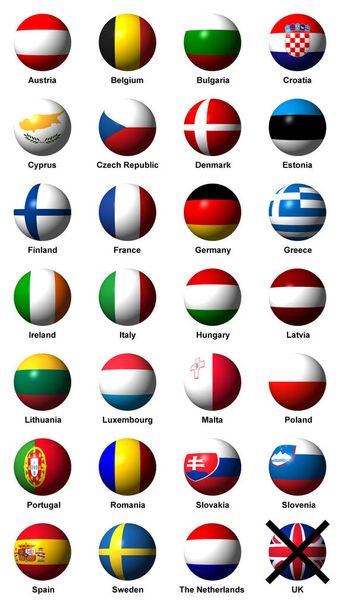 EU:n 27 jäsenvaltion lippujen kollaasi, jossa on etiketit ja jonka lippu on peruutettu Brexitin jälkeen - Valokuva, kuva