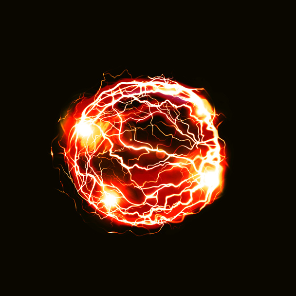 Fuoco fiammeggiante meteora fulmine palla sferica veloce dal cielo.arancione giallo plasma cerchio sfera isolata su sfondo nero. astratto plasma potere di sfondo. Lampeggiante elettrico.Sole rovente. - Foto, immagini