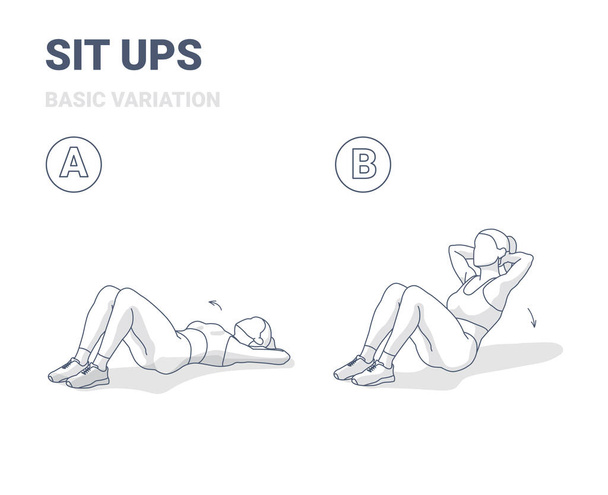Sit Up Female Home Workout Guía de ejercicios Ilustración en blanco y negro. - Vector, imagen