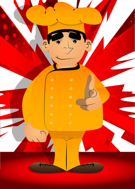 Fat chef cartoon masculino em uniforme apontando para o espectador com a mão. Ilustração vetorial. - Vetor, Imagem