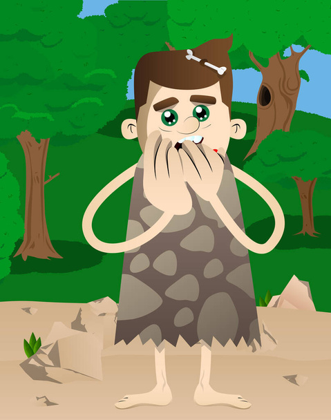 Cartoon caveman with hands over mouth. Vector illustration of a man from the stone age. - Vector, Image