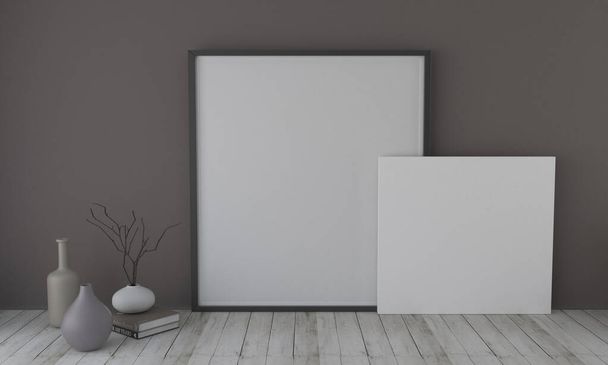 A 3d render of blank frames on a shelf with decoratives and vases - Foto, afbeelding