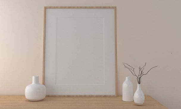 Un rendering 3d di una cornice vuota su uno scaffale con vasi decorativi - Foto, immagini