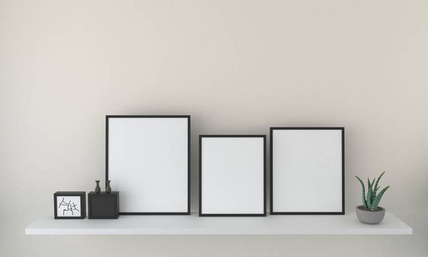 A 3d render of blank frames on a shelf with decoratives - Foto, Imagem