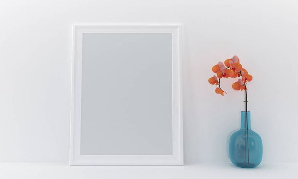 A 3d render of a blank frame and a vase by a wall - Zdjęcie, obraz