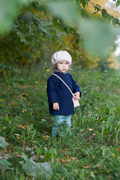 Ritratto all'aperto di una bambina bionda felice con una giacca rossa con foglie gialle. Bambina che cammina nel parco autunnale o nella foresta. Tempo caldo e soleggiato. Concetto di caduta. - Foto, immagini