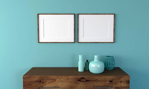 A 3d render of blank frames and a shelf with decorative vases - Photo, Image