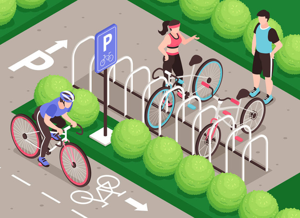 Изометрический состав парковки велосипедов - Вектор,изображение