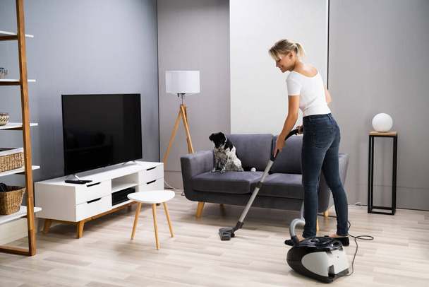 Young Maid Cleaning Carpet With Vacuum Cleaner At Home - Foto, imagen