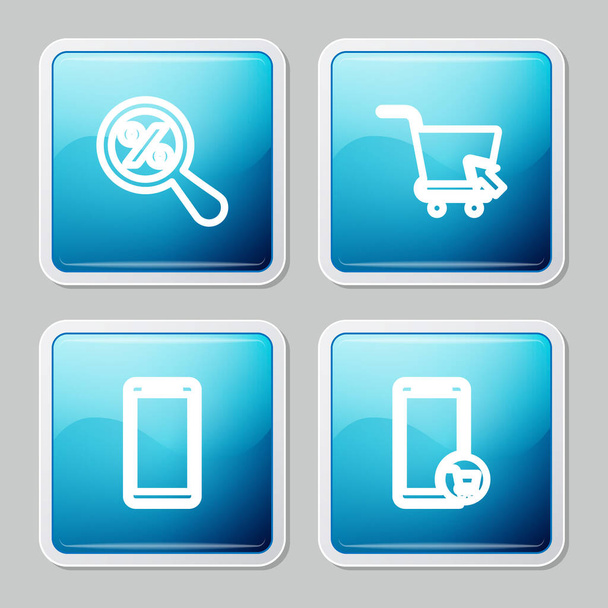 Set line Lupa s procentem, Kurzor nákupního košíku, Smartphone, Mobilní telefon a Mobile a nákupní ikona. Vektor. - Vektor, obrázek