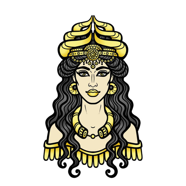 Cartoon drawing: beautiful woman in a horned crown, a character in Assyrian mythology. Ishtar, Astarta, Inanna. Vector illustration isolated on a white background. - Vektör, Görsel